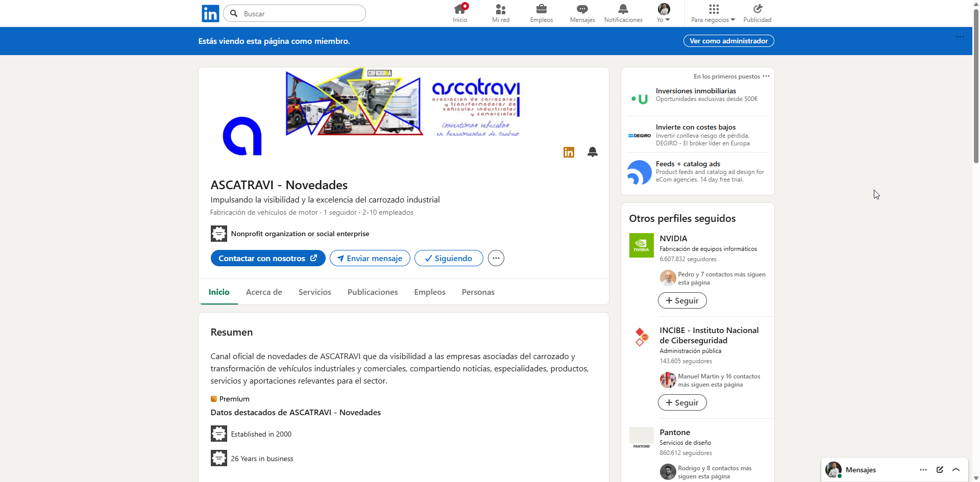 Página de LinkedIn ASCATRAVI Novedades gestionada dentro de su estrategia de contenidos