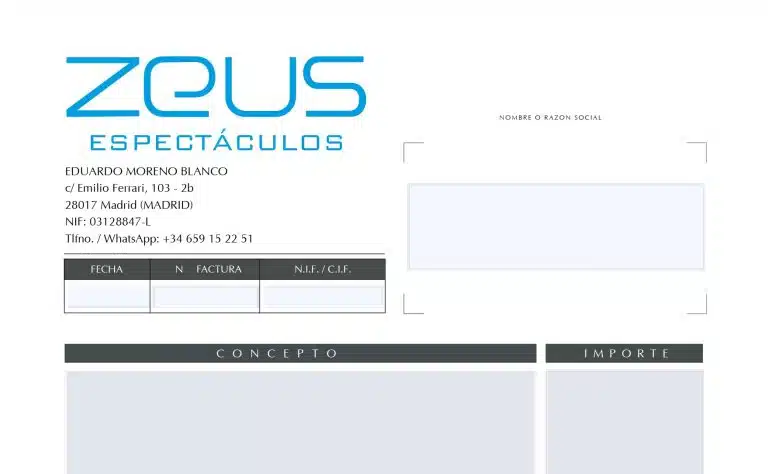 Hojas de presupuestos y facturas en PDF autorrellenables para Espectáculos Zeus