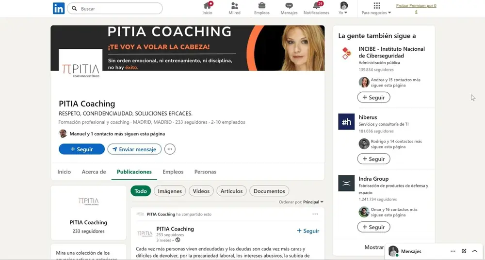 Gestión de LinkedIn para PITIA Coaching Sistémico